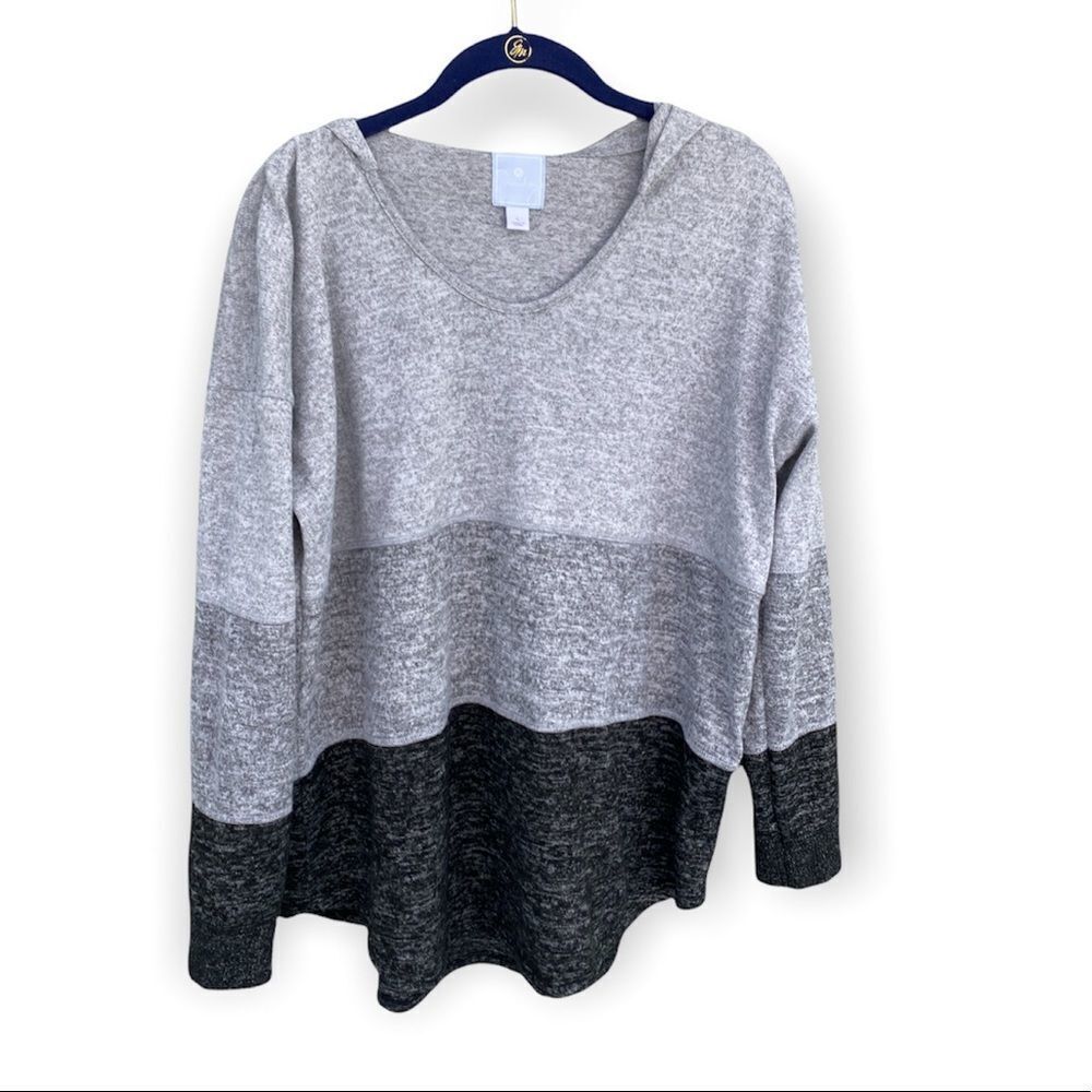 Dress Barn Sunday Hooded Sweater Gray & Black Striped Sz L